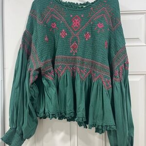 Embroidered Green and Pink Women's Top